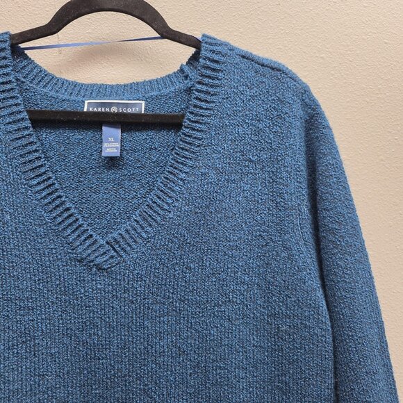 Karen Scott Sweater Womens XL Blue V Neck 3/4 Sleeve Textured Knit Pullover - Picture 2 of 9